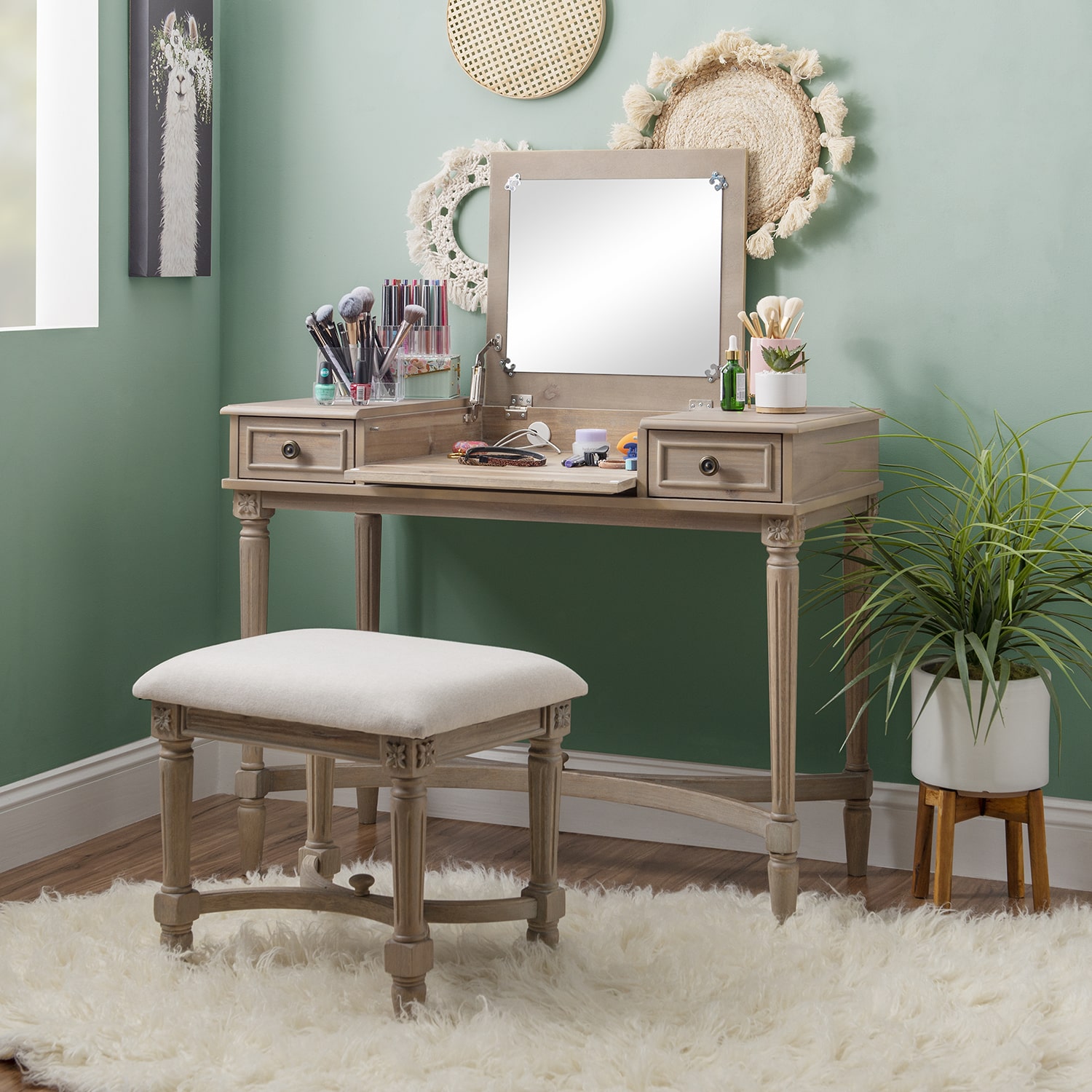 Linon Cyndi Gray Wash Mirrored Vanity Set