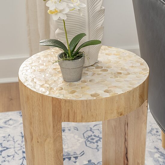 Linon Pensfold Beige Capiz and Wood Side Table