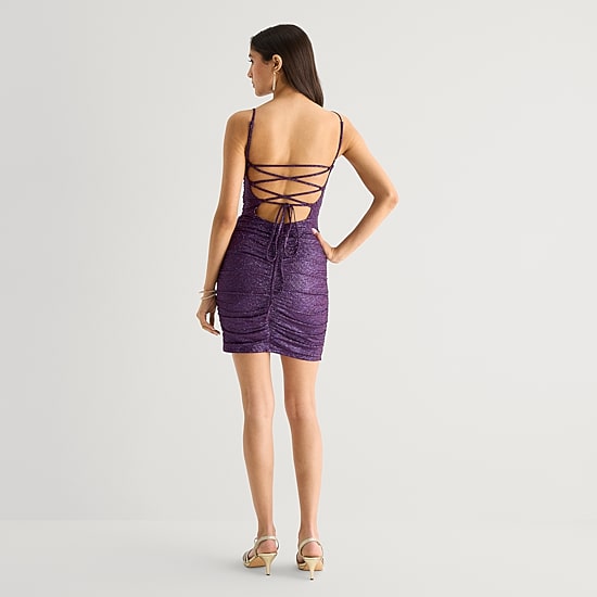 Emerald Sundae Womens Juniors Scoop Neck Sleeveless Glitter Bodycon Dress, Color: Eggplant
