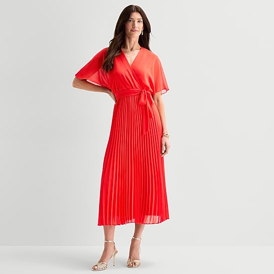Sandra Darren Womens V Neck Short Sleeve Flutter Chiffon Maxi Dress