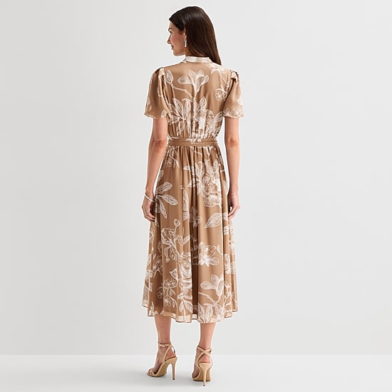 Sandra Darren Womens Midi Split Crew Neck Short Sleeve Puffed Chiffon Floral Fit + Flare Dress