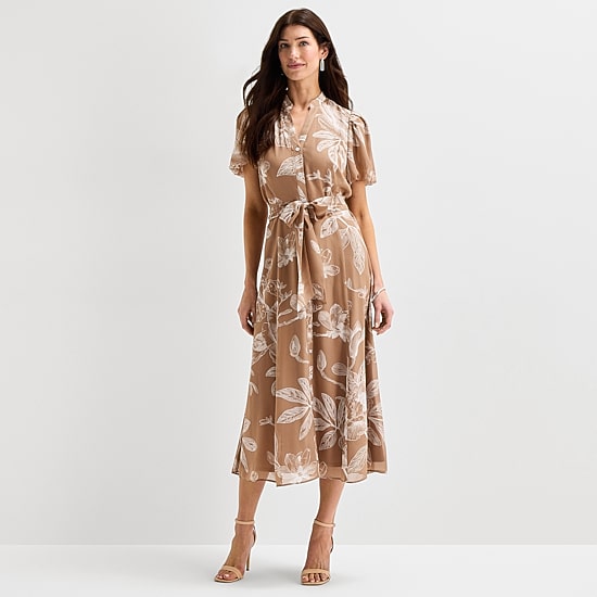 Sandra Darren Womens Midi Split Crew Neck Short Sleeve Puffed Chiffon Floral Fit + Flare Dress