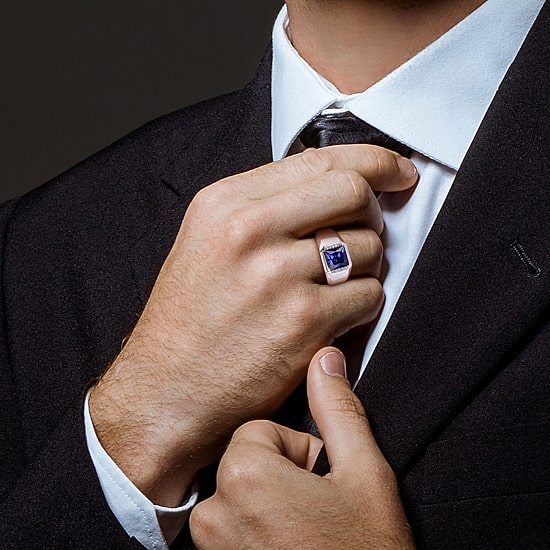 Mens Diamond Accent Lab Created Blue Sapphire 10K Gold Fashion Ring