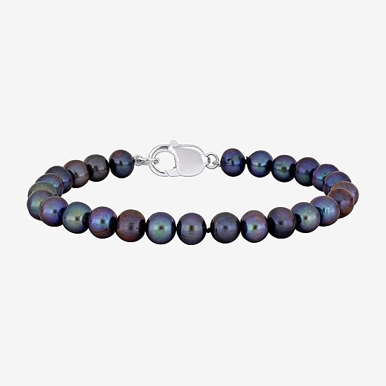 Mens Dyed Black Cultured Freshwater Pearl Sterling Silver Strand Bracelet