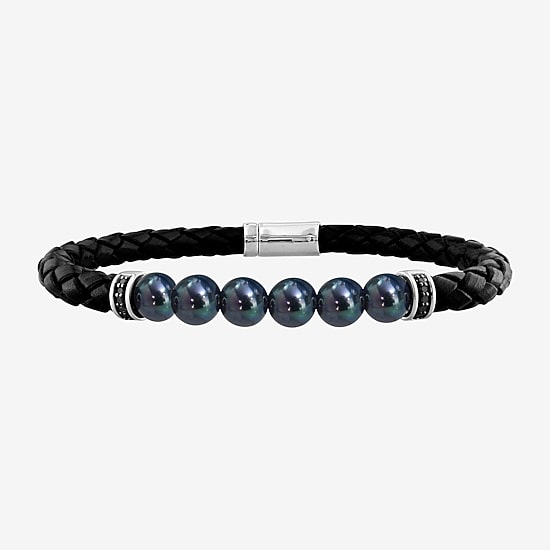 Mens Dyed Black Cultured Freshwater Pearl Beaded Bracelet
