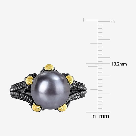 Mens 10-11MM Dyed Black Cultured Freshwater Pearl 18K Gold Over Silver Solitaire Fashion Ring