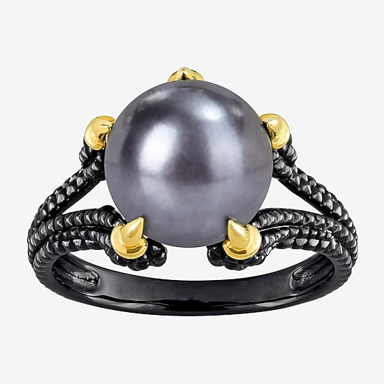 Mens 10-11MM Dyed Black Cultured Freshwater Pearl 18K Gold Over Silver Solitaire Fashion Ring