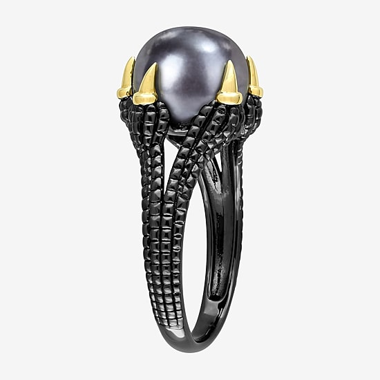 Mens 10-11MM Dyed Black Cultured Freshwater Pearl 18K Gold Over Silver Solitaire Fashion Ring