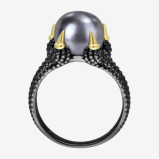 Mens 10-11MM Dyed Black Cultured Freshwater Pearl 18K Gold Over Silver Solitaire Fashion Ring