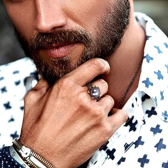 Mens 10-11MM Dyed Black Cultured Freshwater Pearl 18K Gold Over Silver Solitaire Fashion Ring