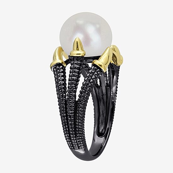 Mens 10-11MM Dyed White Cultured Freshwater Pearl 18K Gold Over Silver Solitaire Fashion Ring