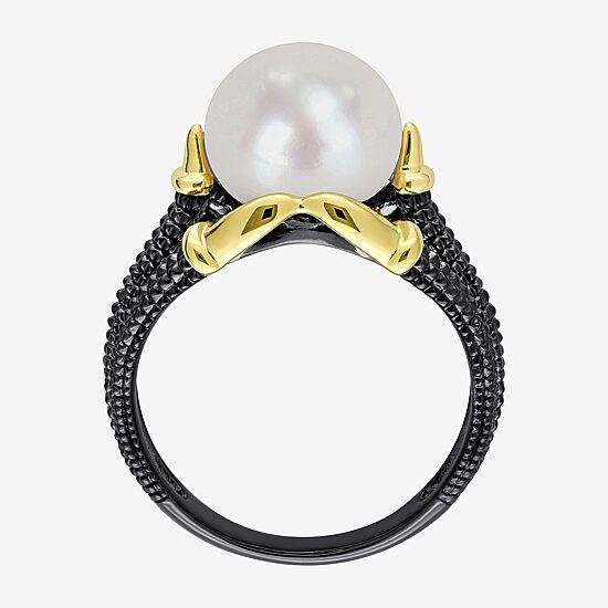 Mens 10-11MM Dyed White Cultured Freshwater Pearl 18K Gold Over Silver Solitaire Fashion Ring