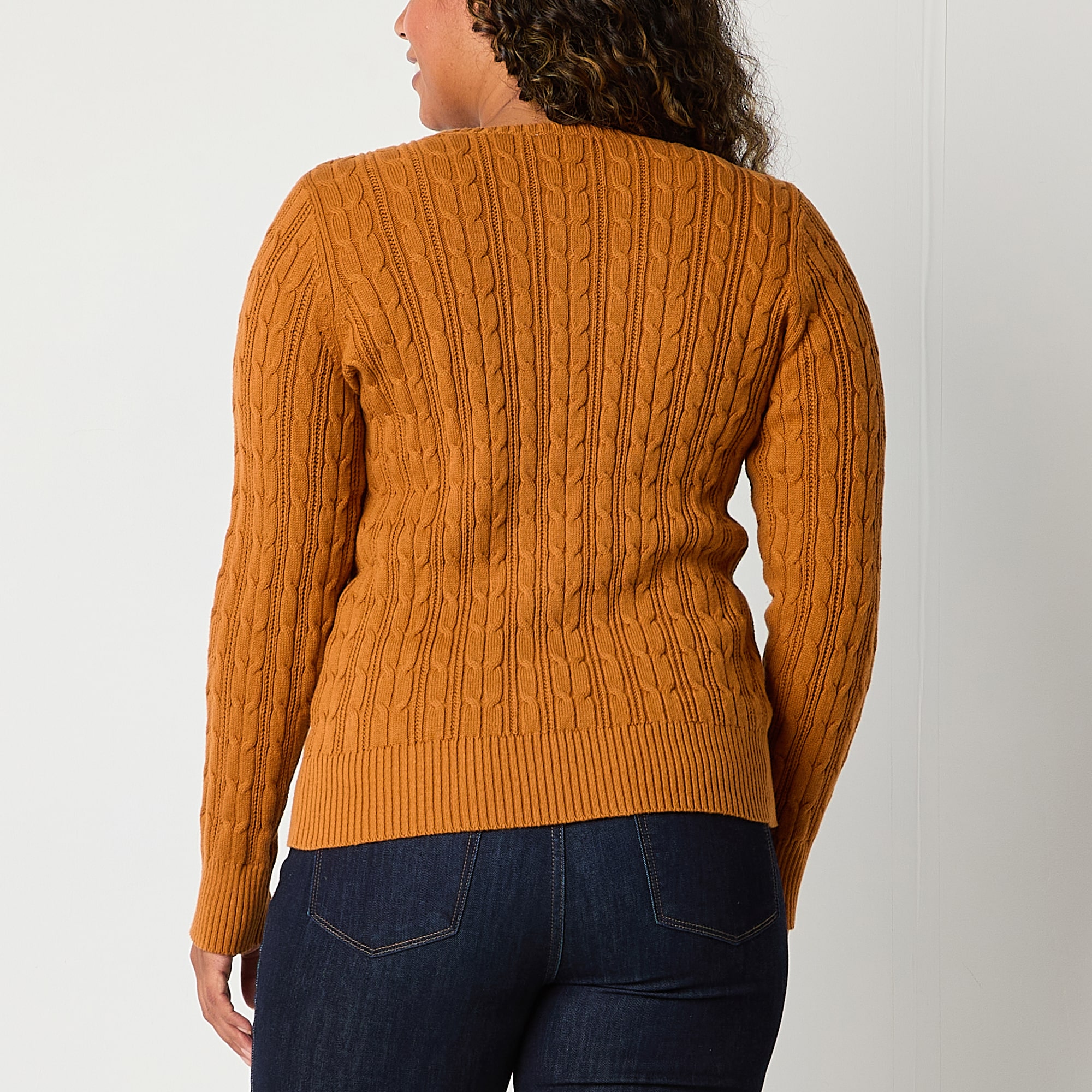 St. John's Bay Womens Crew Neck Long Sleeve Cable Knit Pullover Sweater