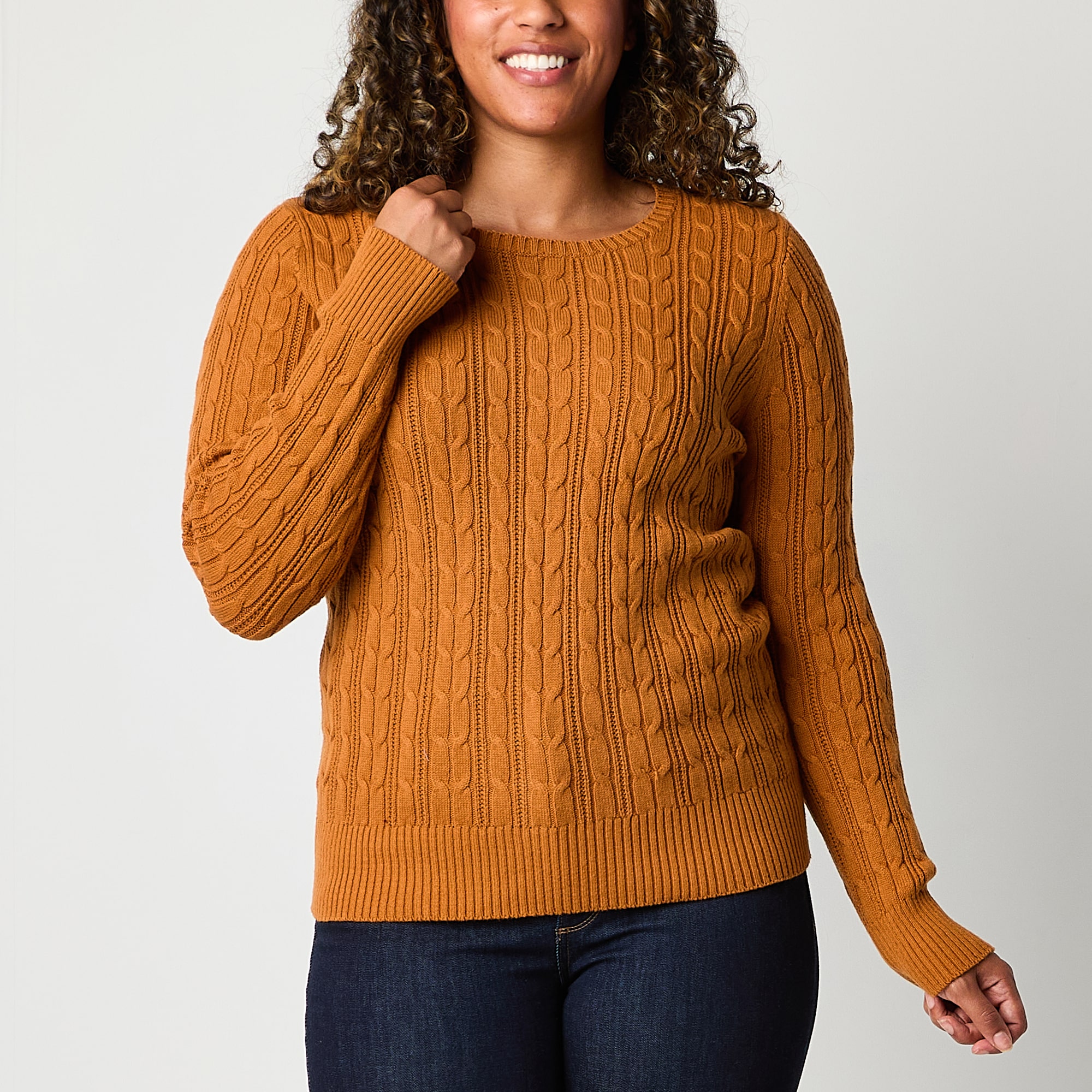St. John's Bay Womens Crew Neck Long Sleeve Cable Knit Pullover Sweater