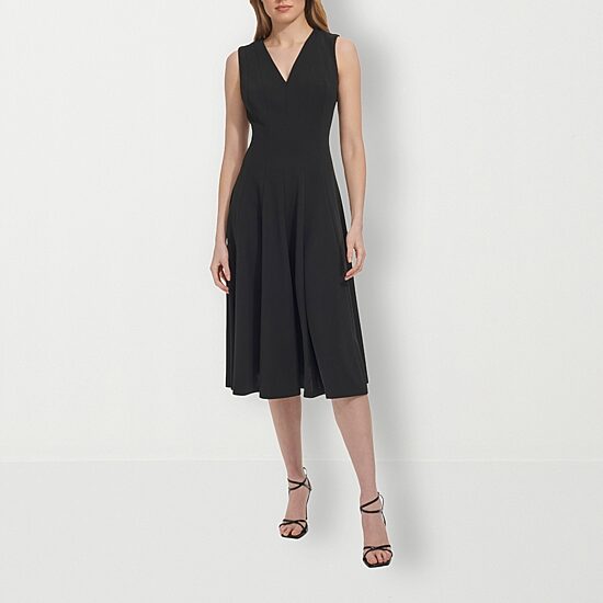 Marc New York Womens Midi V Neck Sleeveless Fit + Flare Dress