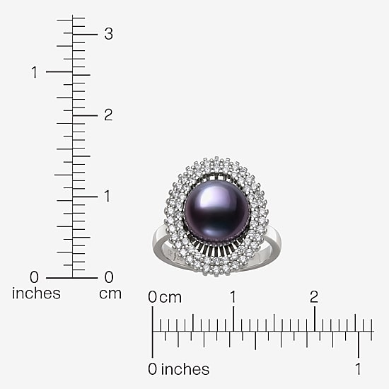 Womens 10-11MM Black Cultured Freshwater Pearl Sterling Silver Round Halo Cocktail Ring