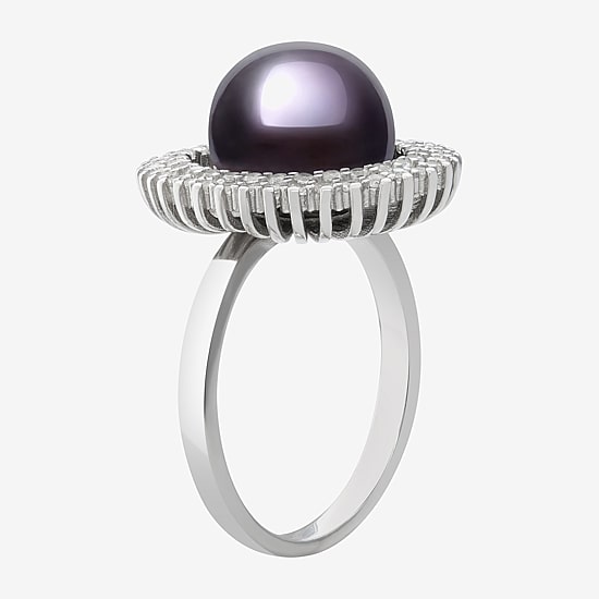 Womens 10-11MM Black Cultured Freshwater Pearl Sterling Silver Round Halo Cocktail Ring