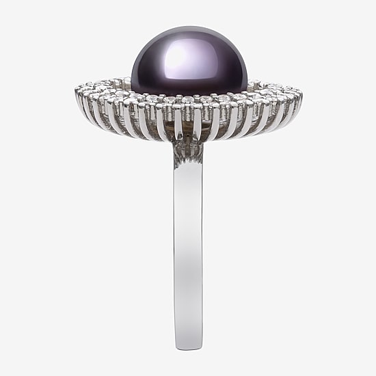 Womens 10-11MM Black Cultured Freshwater Pearl Sterling Silver Round Halo Cocktail Ring