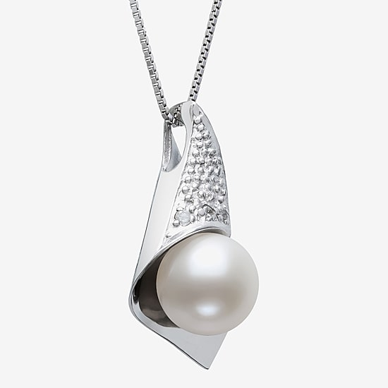 Womens Diamond Accent White Cultured Freshwater Pearl Sterling Silver 18 Inch Pendant Necklace