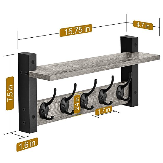 Sorbus 16" Floating Wall  With 5 Hooks 1-Shelf with Baskets