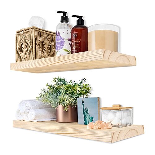 Sorbus 2 Pack 16" Solid Wood Floating Shelves - for Bathroom Decor, Books, Bedroom & Living Room - Natural