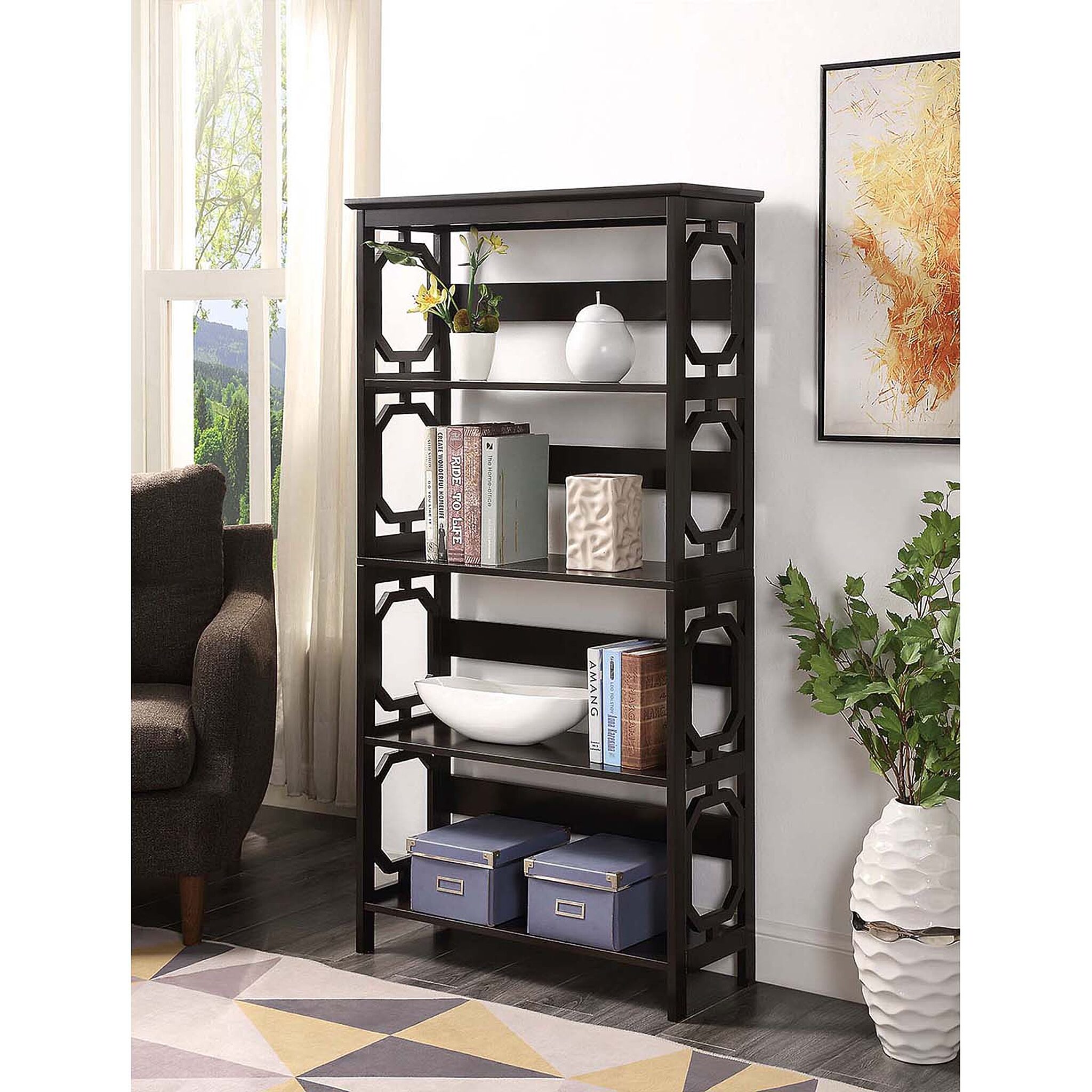 Espresso 5-shelf bookcase in a living room setting.