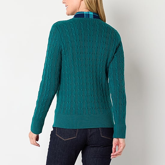 St. John's Bay Womens Crew Neck Long Sleeve Cable Knit Pullover Sweater