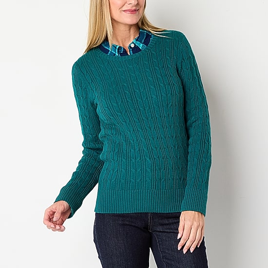 St. John's Bay Womens Crew Neck Long Sleeve Cable Knit Pullover Sweater
