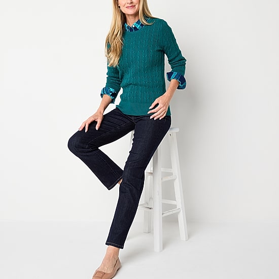 St. John's Bay Womens Crew Neck Long Sleeve Cable Knit Pullover Sweater
