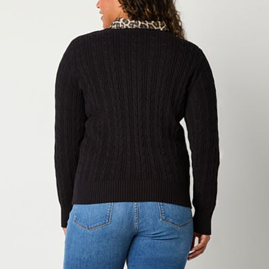 St. John's Bay Womens V Neck Long Sleeve Cable Knit Pullover Sweater