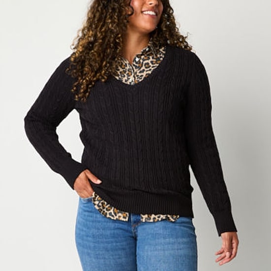 St. John's Bay Womens V Neck Long Sleeve Cable Knit Pullover Sweater