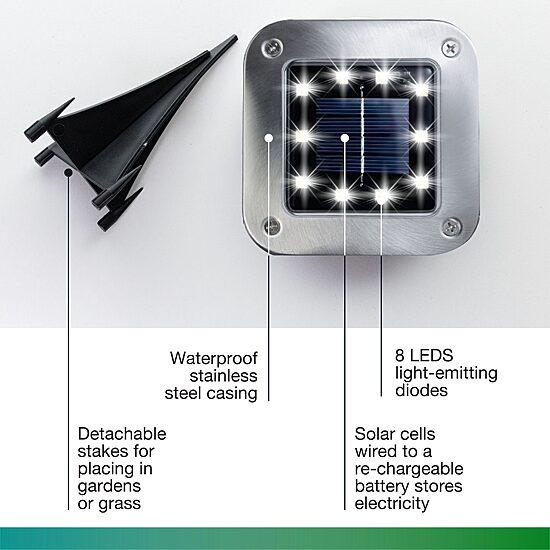 Bell + Howell 8 LED Super Bright Solar Powered Square Disk Light with Auto On/Off Waterproof and Rust-Free 