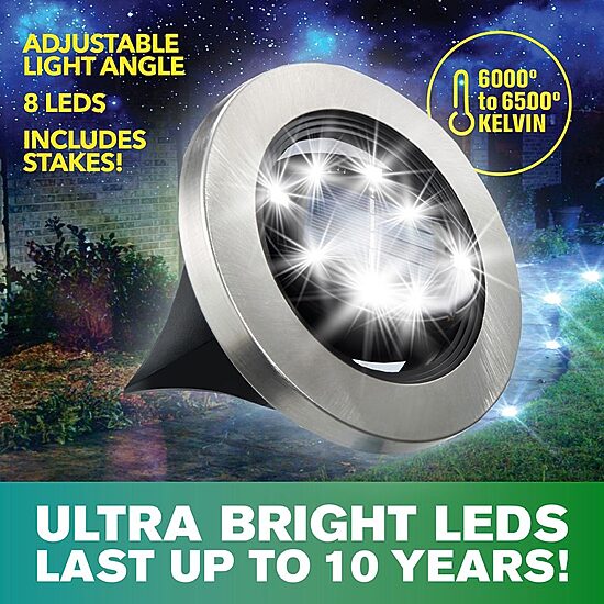 Bell + Howell 8 LED Super Bright Solar Powered Swivel Disk Light with Auto On/Off Lighting and Weatherproof Rust-Free - 8 Pack