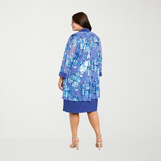 R & M Richards Womens Plus Floral Jacket Dress With Removable Necklace
