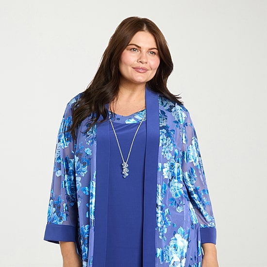 R & M Richards Womens Plus Floral Jacket Dress With Removable Necklace