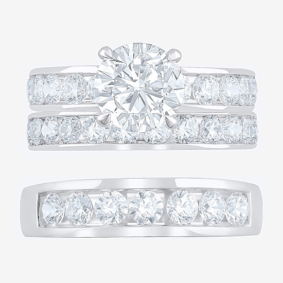 (F / Vs2) Unisex Adult 5 CT. T.W. Lab Grown White Diamond 10K Gold Round Side Stone Bridal Set