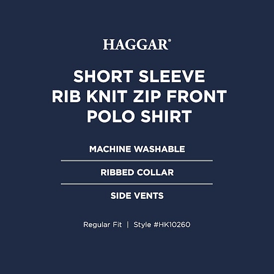 Haggar Rib Knit Zip Front Mens Regular Fit Short Sleeve Polo Shirt