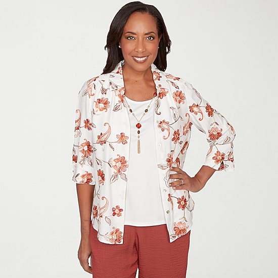 Alfred Dunner Spice Market Womens 3/4 Sleeve Layered Top