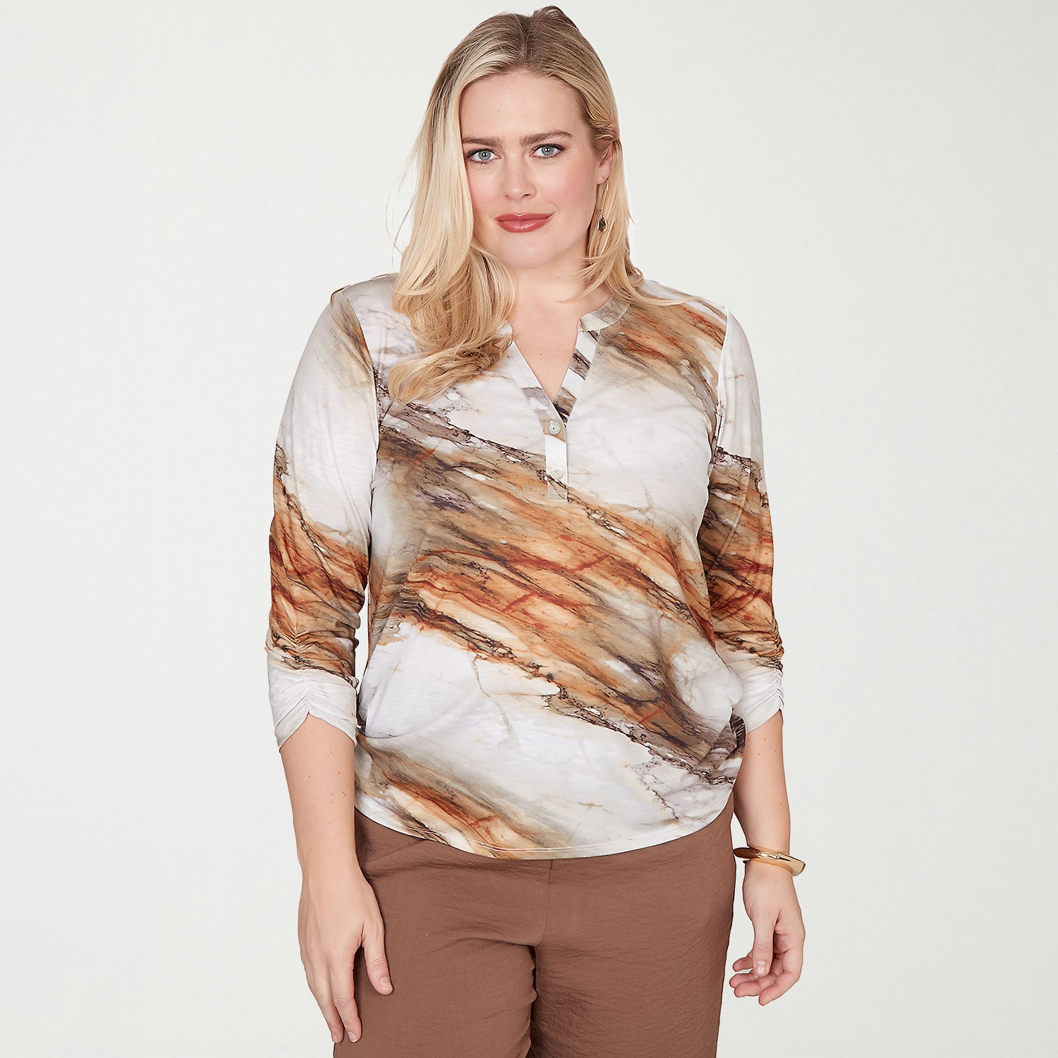 Alfred Dunner Spice Market Womens Split Crew Neck 3/4 Sleeve T-Shirt
