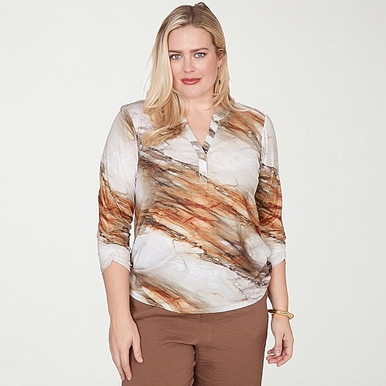 Alfred Dunner Spice Market Womens Split Crew Neck 3/4 Sleeve T-Shirt
