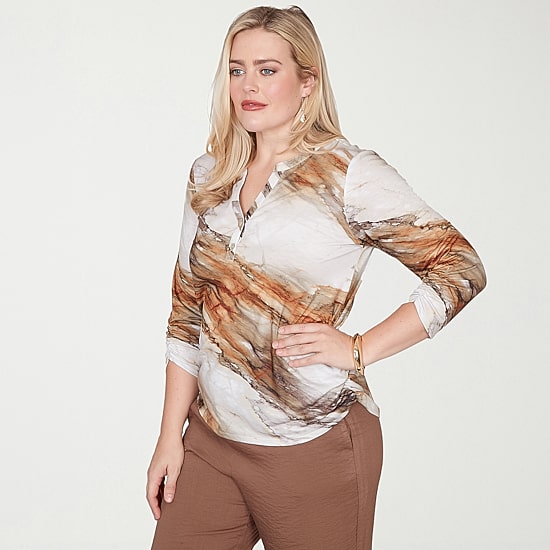 Alfred Dunner Spice Market Womens Split Crew Neck 3/4 Sleeve T-Shirt
