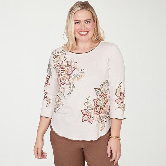 Alfred Dunner Spice Market Womens Crew Neck 3/4 Sleeve T-Shirt