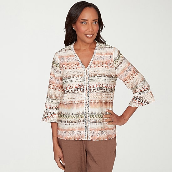 Alfred Dunner Spice Market Womens V Neck 3/4 Sleeve Blouse