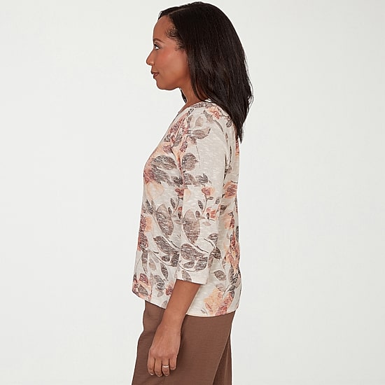 Alfred Dunner Spice Market Womens V Neck 3/4 Sleeve T-Shirt