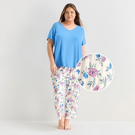 Liz Claiborne Cool and Calm Womens V-Neck Short Sleeve 2-pc. Plus Pajama Set