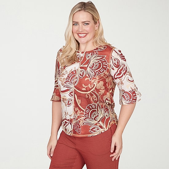 Alfred Dunner Spice Market Womens Crew Neck Elbow Sleeve T-Shirt
