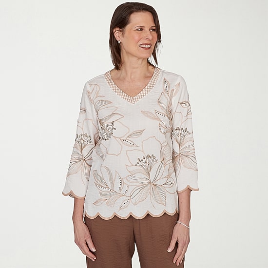 Alfred Dunner Spice Market Womens V Neck 3/4 Sleeve Blouse