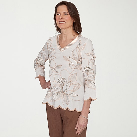 Alfred Dunner Spice Market Womens V Neck 3/4 Sleeve Blouse