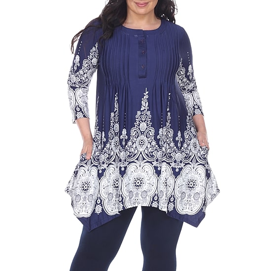 White Mark Plus Dulce Womens Henley Neck 3/4 Sleeve Tunic Top