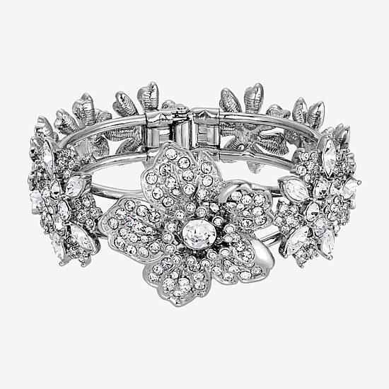 1928 Silver-Tone Womens Crystal Cuff Bracelet